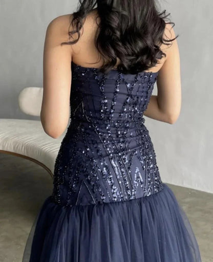 Elegante vestido de noche formal de tul con lentejuelas y corte en A, sin tirantes, TP2001