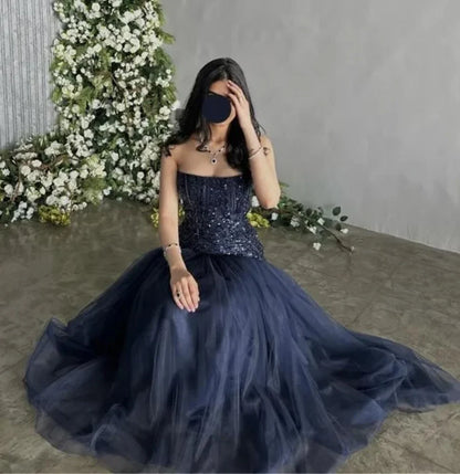 Elegante vestido de noche formal de tul con lentejuelas y corte en A, sin tirantes, TP2001