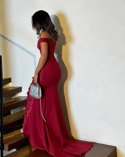 Elegant Burgundy Mermaid Off Shoulder 3D Floral Floor-Mounting Ball Gown Evening Dress TP2005