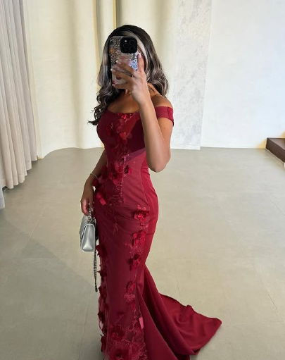 Elegant Burgundy Mermaid Off Shoulder 3D Floral Floor-Mounting Ball Gown Evening Dress TP2005