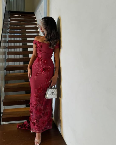 Elegant Burgundy Mermaid Off Shoulder 3D Floral Floor-Mounting Ball Gown Evening Dress TP2005