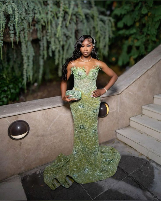 Vestido de noche formal de sirena verde encantador con hombros descubiertos, cuentas y lentejuelas, largo hasta el suelo, TP2008