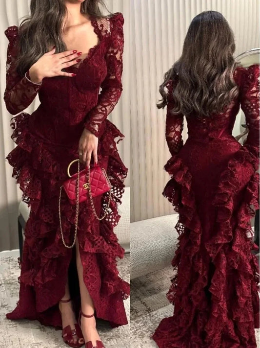 Vestido de noche vintage burdeos con cola alta y encaje, manga larga, TP2012