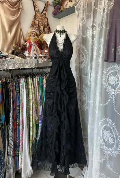 Vestido de noche negro con escote halter y escote en V, TP2013