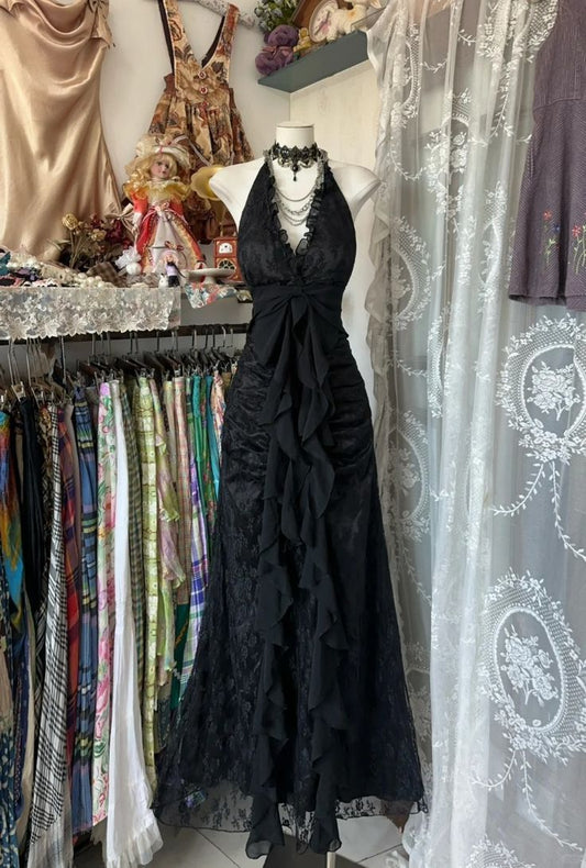 Vestido de noche negro con escote halter y escote en V, TP2013
