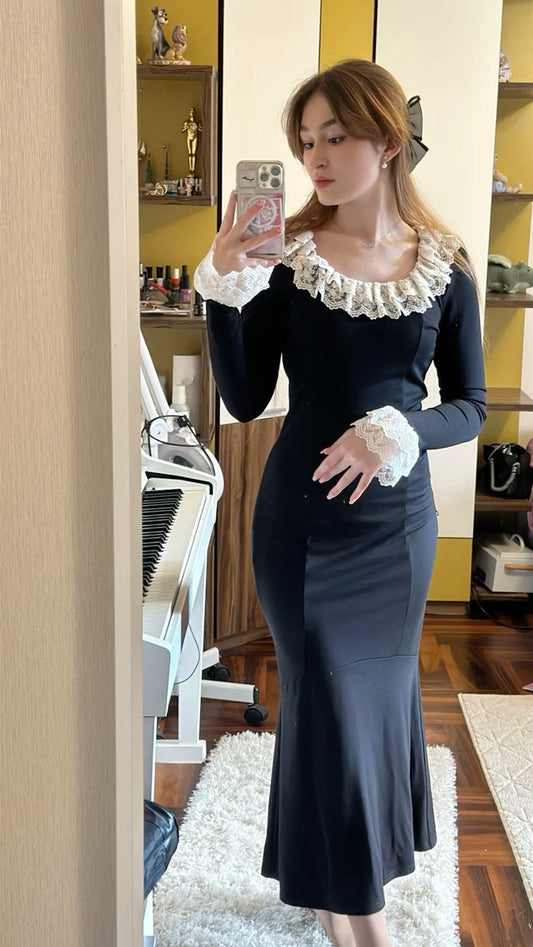 Vestido de noche negro con escote redondo, manga larga y borde de encaje, corte sirena, largo hasta la rodilla, TP2015