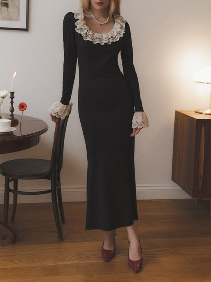 Vestido de noche negro con escote redondo, manga larga y borde de encaje, corte sirena, largo hasta la rodilla, TP2015