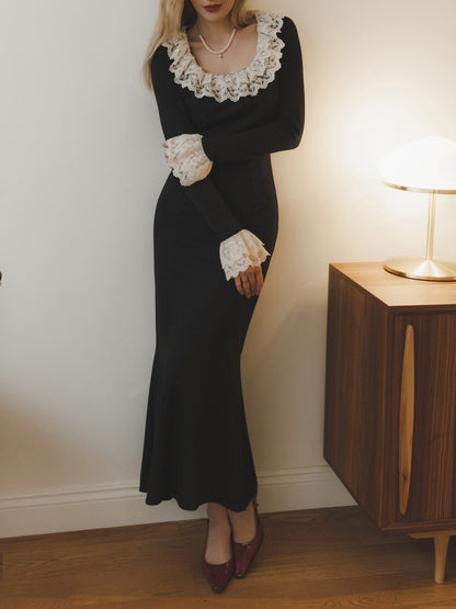 Vestido de noche negro con escote redondo, manga larga y borde de encaje, corte sirena, largo hasta la rodilla, TP2015