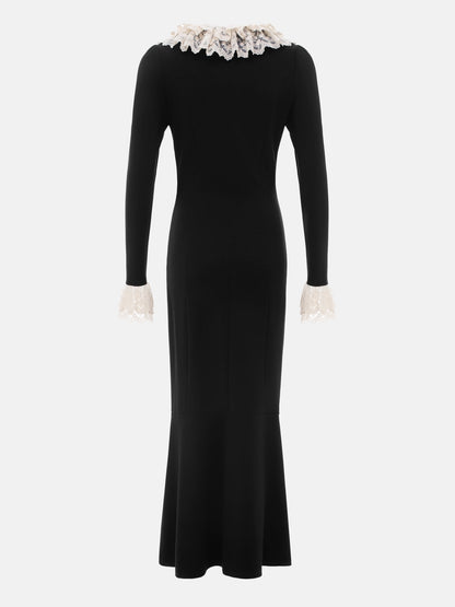 Vestido de noche negro con escote redondo, manga larga y borde de encaje, corte sirena, largo hasta la rodilla, TP2015