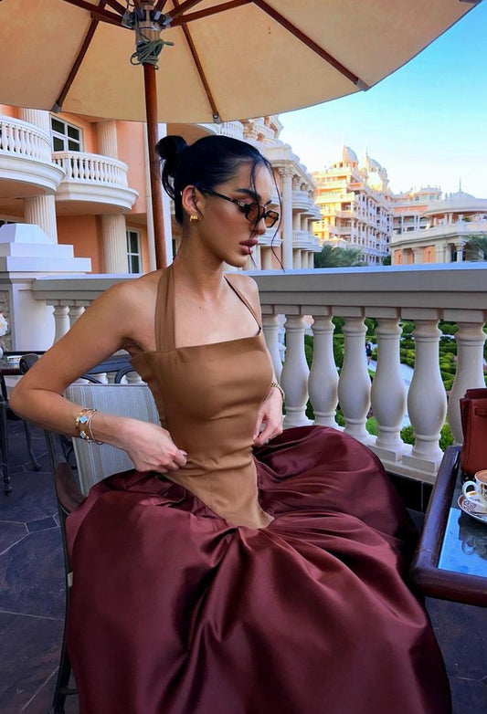 Vestido de noche largo de satén con cuello halter y bloques de color, elegante, TP2019