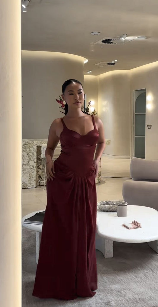 Vestido de noche largo sin mangas con tirantes rojos sexy TP2020