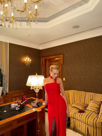 Elegante vestido de noche formal de sirena con abertura alta y sin tirantes rojo TP2022