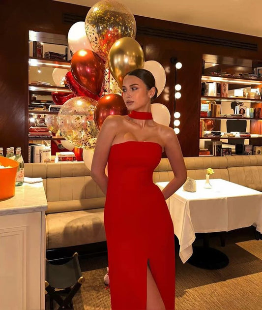 Elegante vestido de noche formal de sirena con abertura alta y sin tirantes rojo TP2022