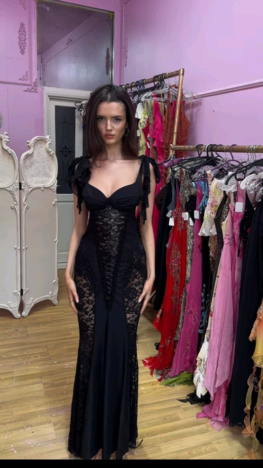 Vestido de noche sexy de sirena con encaje negro, sin tirantes y borde de gasa, TP2030