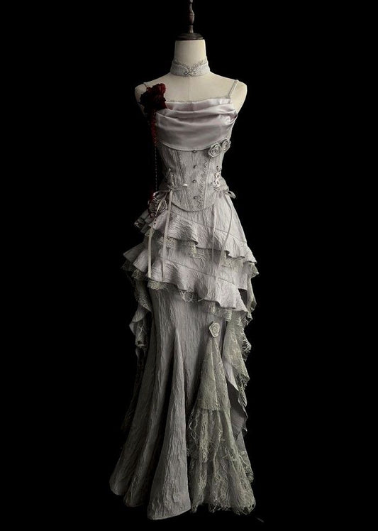Vestido de noche vintage gris plateado con tirantes de sirena, sin mangas y borde de encaje, TP2032