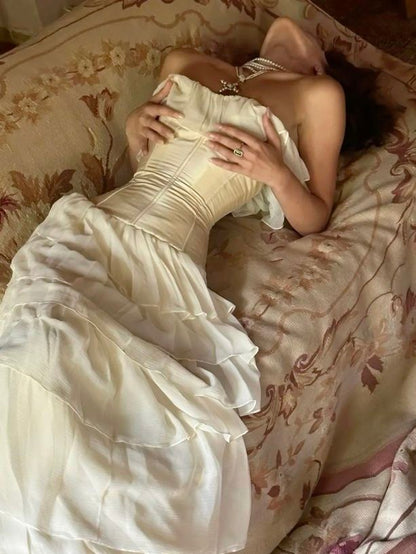 Elegante vestido de novia color marfil sin tirantes, corte A, de tul, TP2034