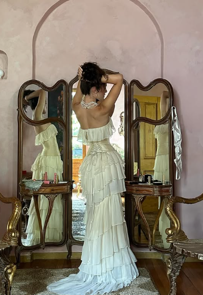 Elegante vestido de novia color marfil sin tirantes, corte A, de tul, TP2034