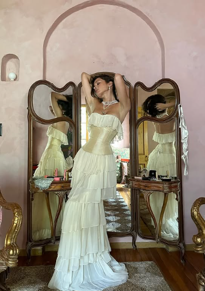 Elegante vestido de novia color marfil sin tirantes, corte A, de tul, TP2034