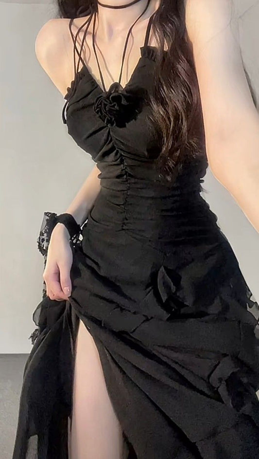 Vestido de noche negro encantador de tul con abertura y corte en A, sin mangas, TP2036