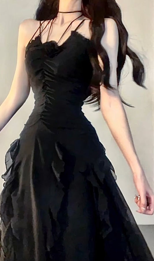 Vestido de noche negro encantador de tul con abertura y corte en A, sin mangas, TP2036