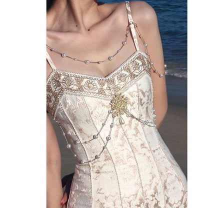 Vestido de noche vintage color marfil con escote sirena, tirantes finos, encaje perlado y largo hasta los tobillos TP2039