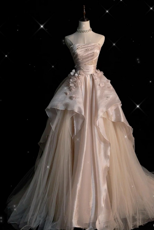 Elegante vestido de noche formal de fiesta rosa, corte A, sin tirantes, de tul perlado, largo hasta el suelo, TP2041