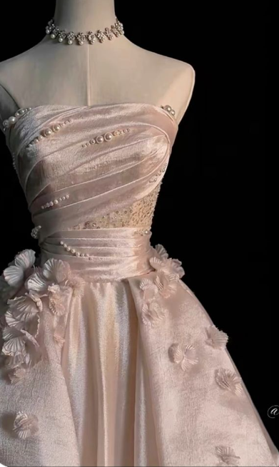 Elegante vestido de noche formal de fiesta rosa, corte A, sin tirantes, de tul perlado, largo hasta el suelo, TP2041