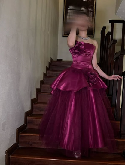 Vestido de noche formal de satén con tul y flores 3D, sin mangas, corte A, hombros descubiertos, color rosa, TP2044