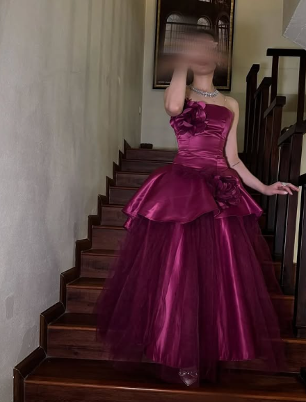 Vestido de noche formal de satén con tul y flores 3D, sin mangas, corte A, hombros descubiertos, color rosa, TP2044