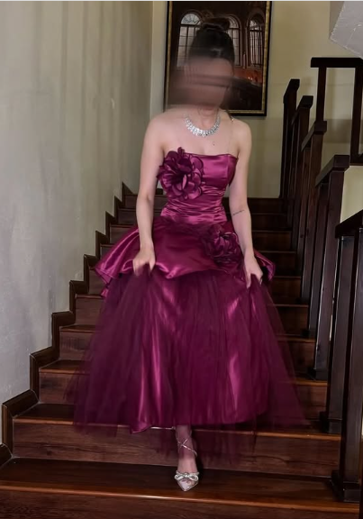 Vestido de noche formal de satén con tul y flores 3D, sin mangas, corte A, hombros descubiertos, color rosa, TP2044