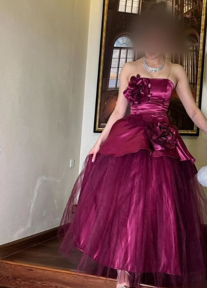 Vestido de noche formal de satén con tul y flores 3D, sin mangas, corte A, hombros descubiertos, color rosa, TP2044