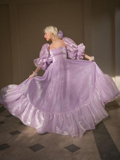 Vestido de noche morado encantador, corte A, manga corta, fluido, largo hasta el suelo, TP2047