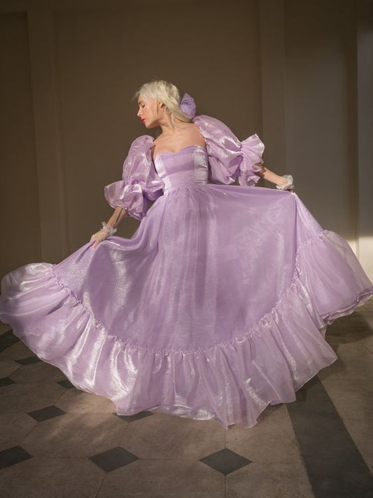 Vestido de noche morado encantador, corte A, manga corta, fluido, largo hasta el suelo, TP2047