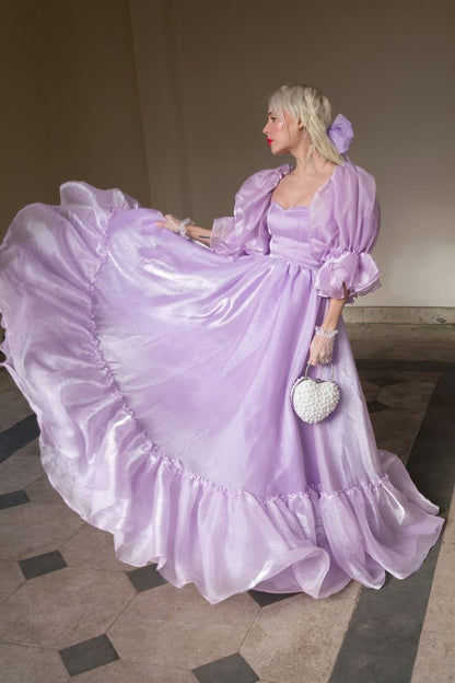 Vestido de noche morado encantador, corte A, manga corta, fluido, largo hasta el suelo, TP2047