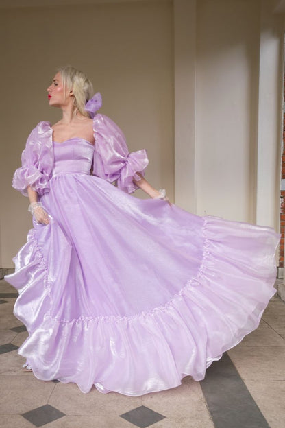 Vestido de noche morado encantador, corte A, manga corta, fluido, largo hasta el suelo, TP2047