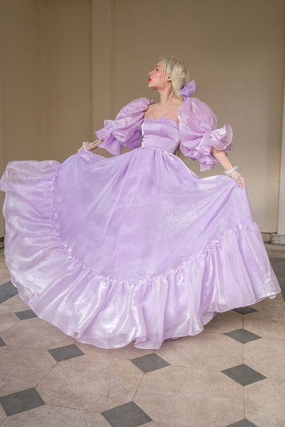 Vestido de noche morado encantador, corte A, manga corta, fluido, largo hasta el suelo, TP2047