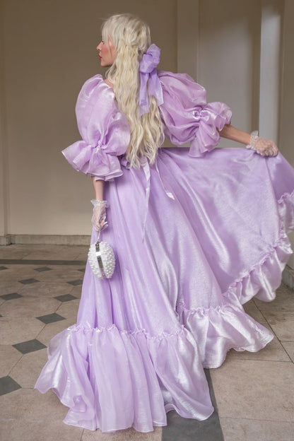 Vestido de noche morado encantador, corte A, manga corta, fluido, largo hasta el suelo, TP2047