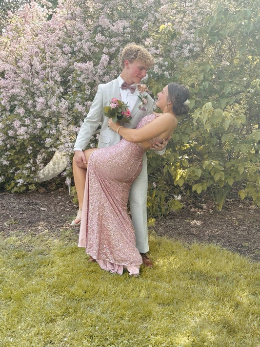 Vestido de noche rosa de sirena con un solo hombro, lentejuelas, abertura hasta el suelo TP2049