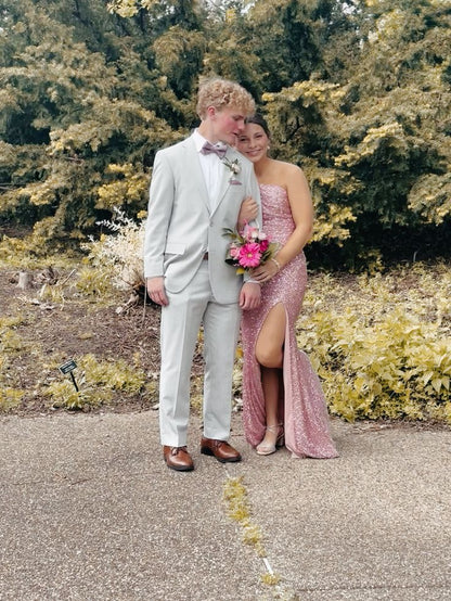Vestido de noche rosa de sirena con un solo hombro, lentejuelas, abertura hasta el suelo TP2049