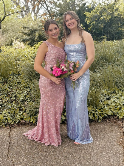 Vestido de noche rosa de sirena con un solo hombro, lentejuelas, abertura hasta el suelo TP2049