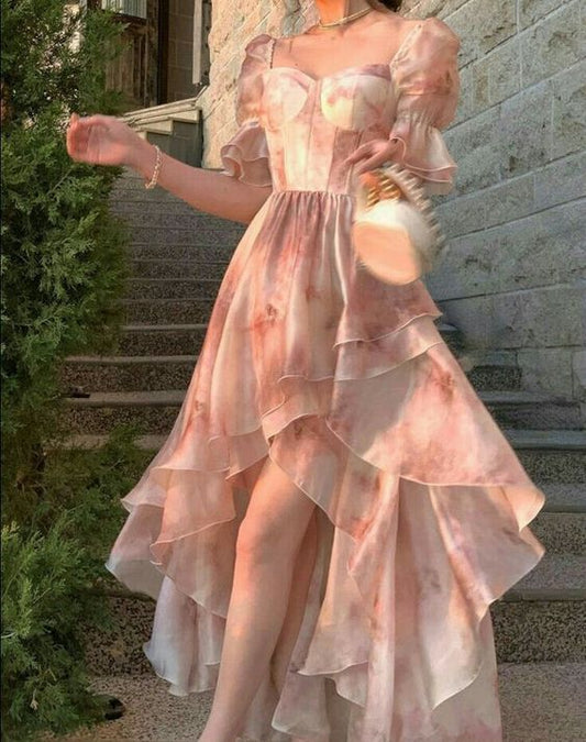 Vestido de noche de gasa con escote en A, manga corta, corte en A, color rosa dulce, TP2051