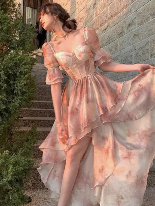 Vestido de noche de gasa con escote en A, manga corta, corte en A, color rosa dulce, TP2051