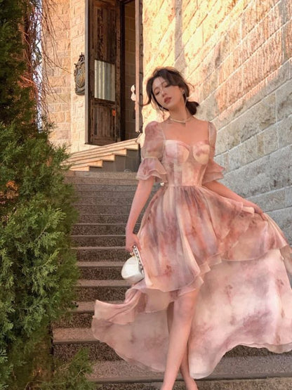 Vestido de noche de gasa con escote en A, manga corta, corte en A, color rosa dulce, TP2051