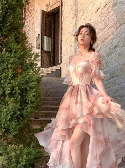 Vestido de noche de gasa con escote en A, manga corta, corte en A, color rosa dulce, TP2051