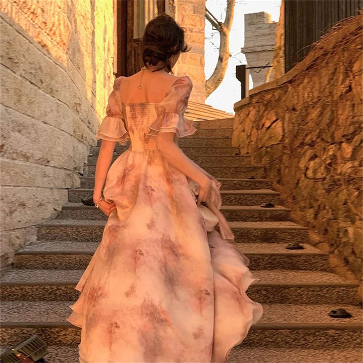 Vestido de noche de gasa con escote en A, manga corta, corte en A, color rosa dulce, TP2051