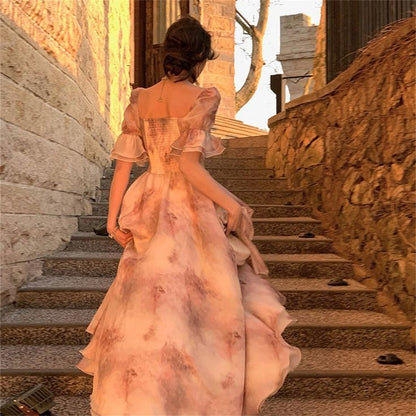 Vestido de noche de gasa con escote en A, manga corta, corte en A, color rosa dulce, TP2051