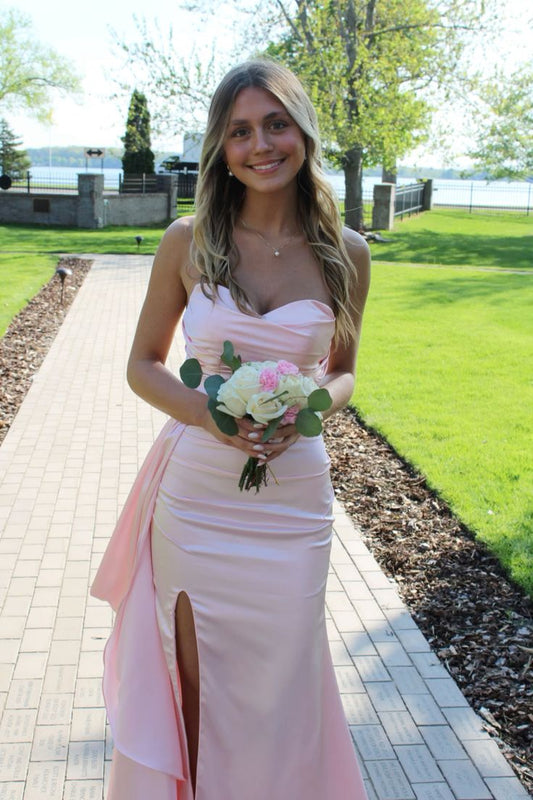 Elegante vestido de noche formal de satén con escote corazón y corte sirena en rosa, TP2054