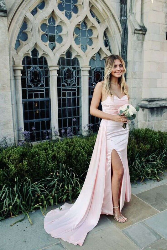 Elegante vestido de noche formal de satén con escote corazón y corte sirena en rosa, TP2054