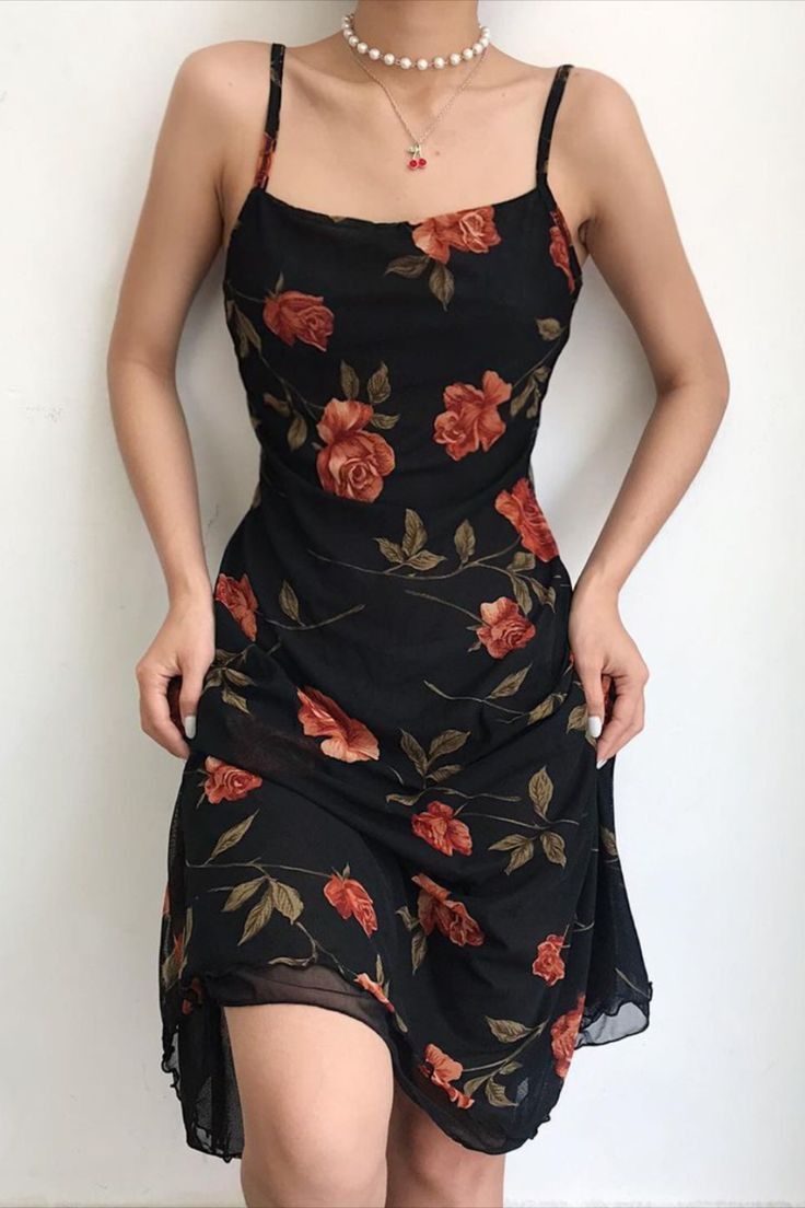 Vestido de fiesta vintage de gasa con tirantes finos y estampado negro, largo hasta la rodilla, TP2064