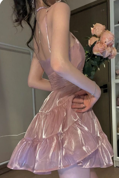 Sweet Pink A-line Spaghetti Strap Short Birthday Party Dress Homecoming Dress TP2075